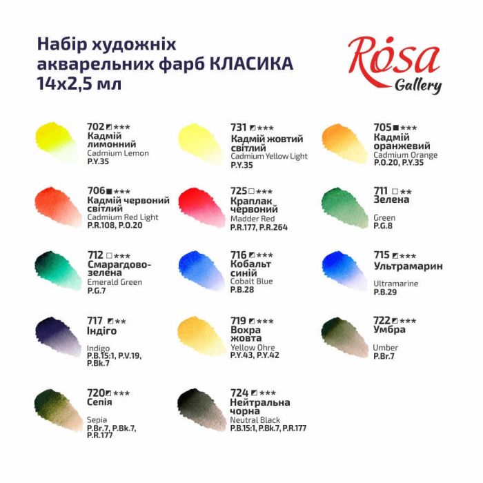 Набор акварельных красок "Классика"  ROSA Gallery в металлическом пенале, 14 цв. в кюветах