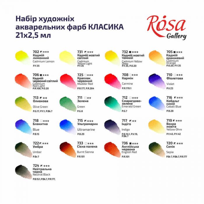 Набор акварельных красок "Классика"  ROSA Gallery в металлическом пенале, 21 цв. в кюветах