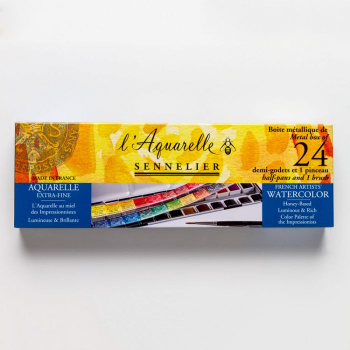 Акварельный набор Sennelier, 24 цвета в кюветах половинках с кистью в металлическом пенале
