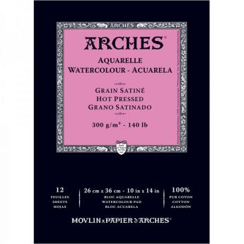 Акварельная бумага Arches. 100% хлопок. Склейка 12 листов. 26X36 см. Satin - Hot pressed (гладкая). 300 gsm