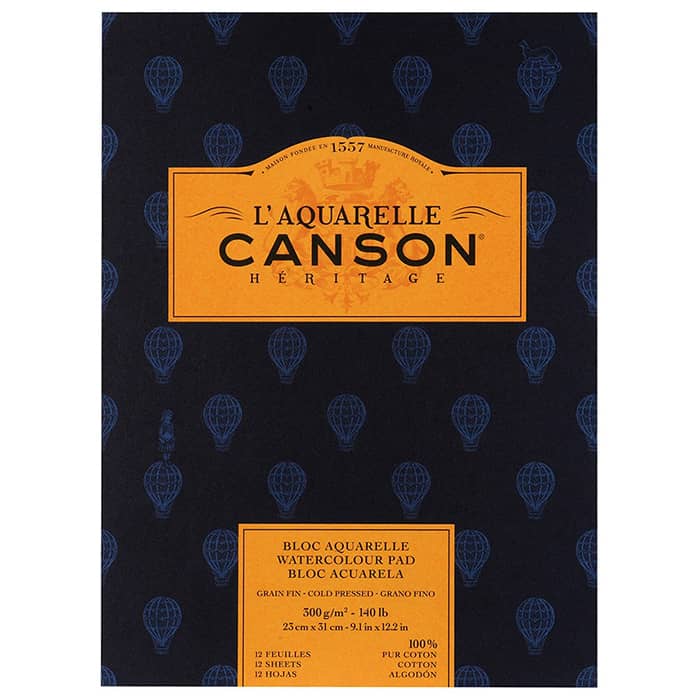 Бумага для акварели Canson Heritage - склейка 23 x 31 см. 100% хлопок, Cold Pressed 300 гр. 12 листов