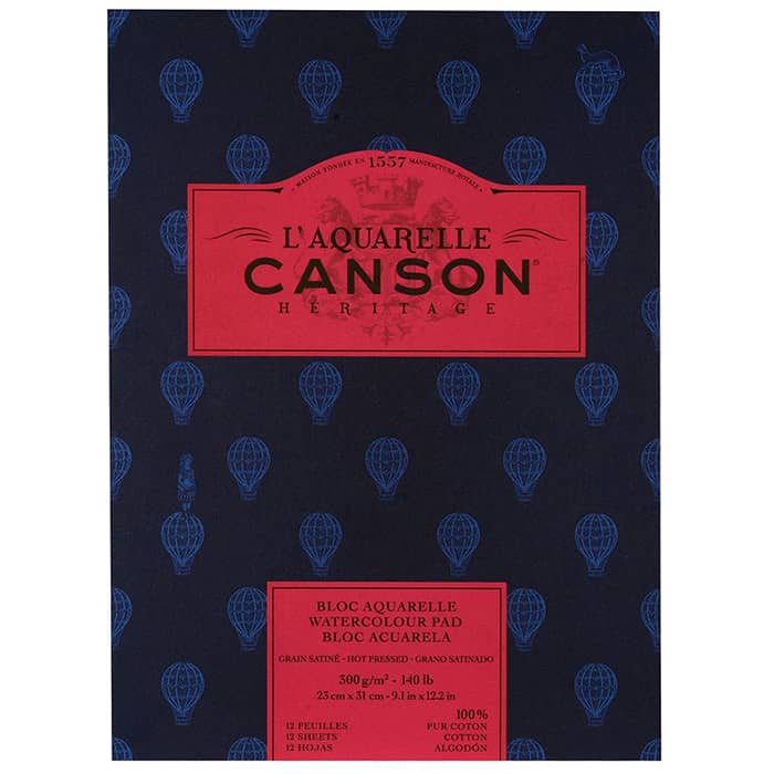 Бумага для акварели Canson Heritage - склейка 23 x 31 см. 100% хлопок, Hot Press 300 гр. 12 листов