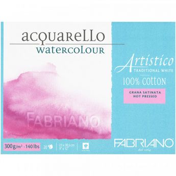 Бумага Fabriano Artistico 300 gsm. 100% хлопок. Склейка 20 листов 23X31 см. Smooth / Hot Press. Traditional white