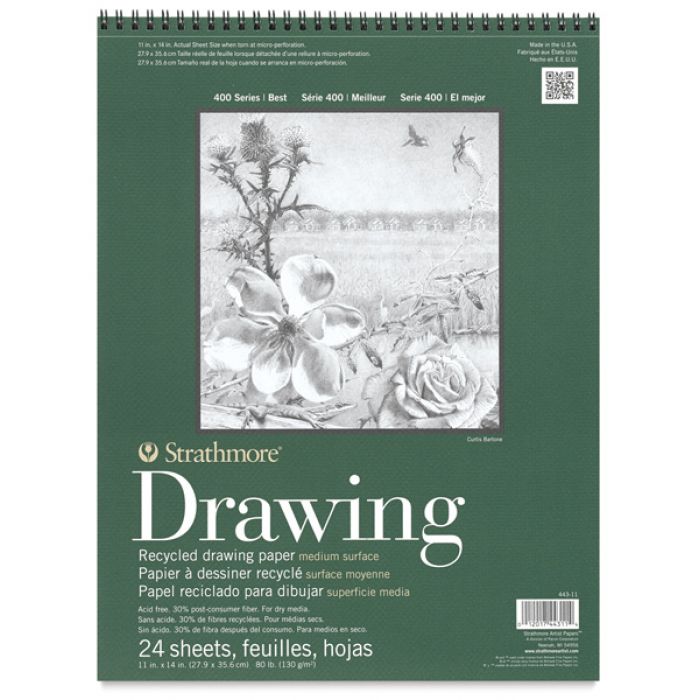 Strathmore бумага для рисунка и графики - Drawing Pad, серия 400, medium, 24 листа, 28 x 36 см, 130 г/м (на спирали) из переработанных материалов