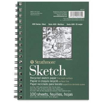 Strathmore бумага для скетчей - Sketch Pad, серия 400, фактура Fine Tooth, 100 листов, 14 x 21 см, 89 г/м (на спирали), из переработанных материалов