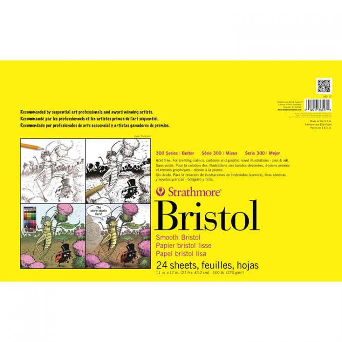 Профессиональная бумага для графики Strathmore Bristol 300 Series: склейка 28 x 43 см, 270 г/м, Smooth, 24 листа