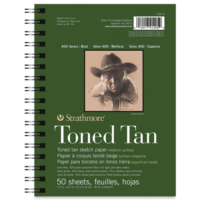Strathmore тонированная бумага для рисунка и графики - Recycled Toned Tan, серия 400, 50 листов, 14 x 21 см, 118 г/м (на спирали)