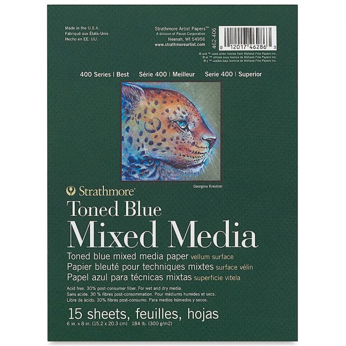 Strathmore бумага для смешанной техники - Toned Blue Mixed Media Pad, сер. 400, velum, 15 листов, 15 x 20 см, 300 г/м