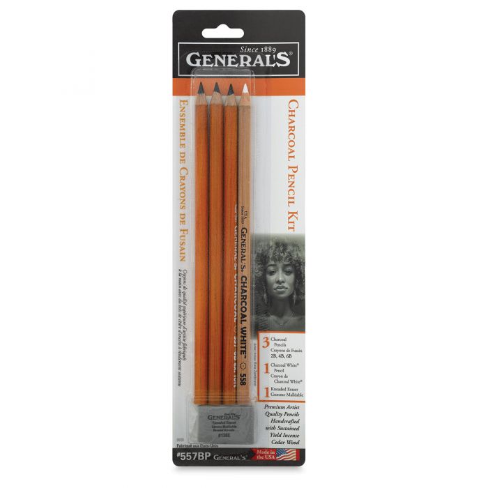 Набор угольных карандашей General (Дженерал) 2B Medium, 4B Soft, 6B Extra Soft, White и клячка